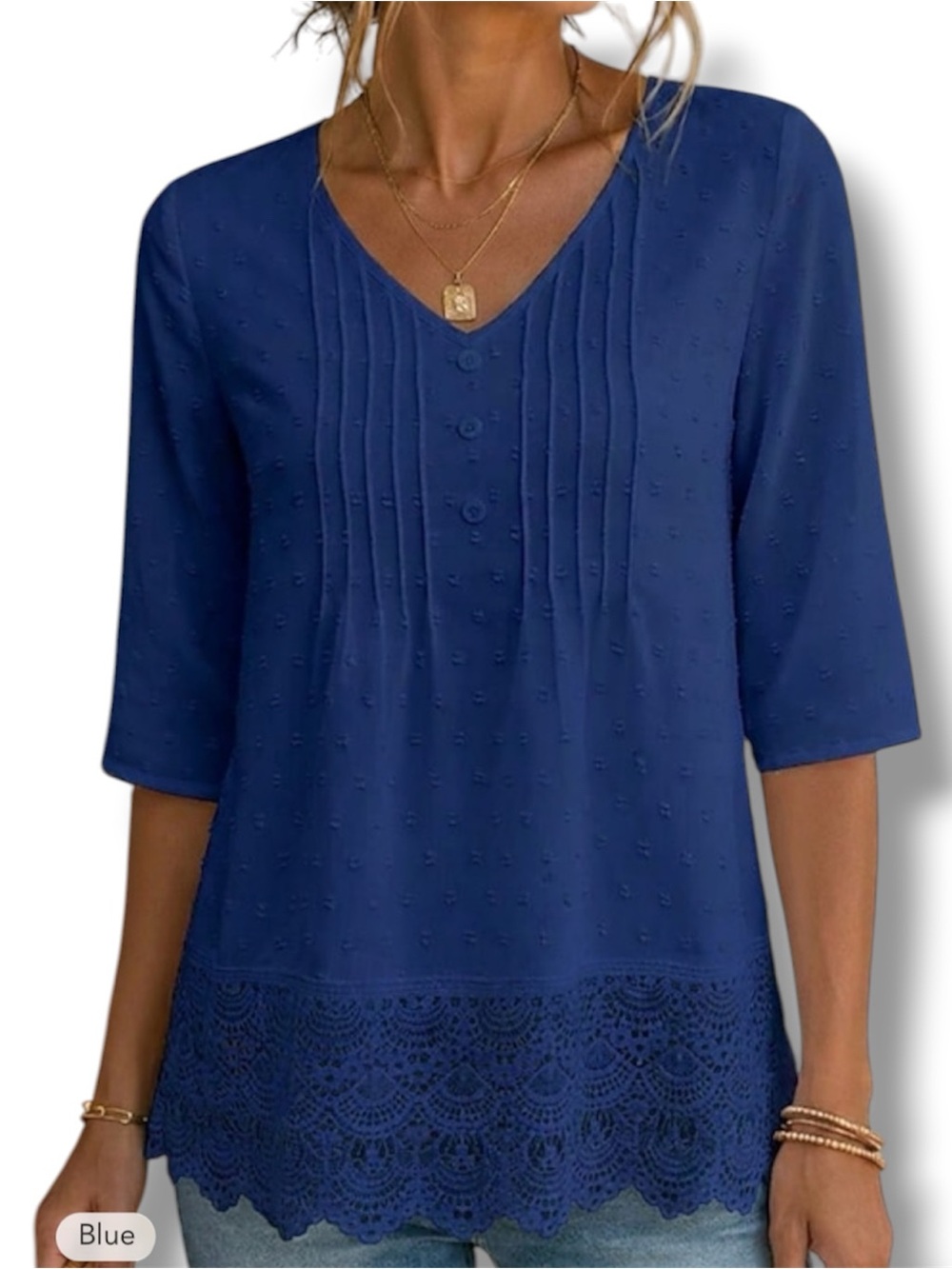 YesFashion Women's Eyelet Top Bohemia 3/4 Length Sleeve V Neck, size S